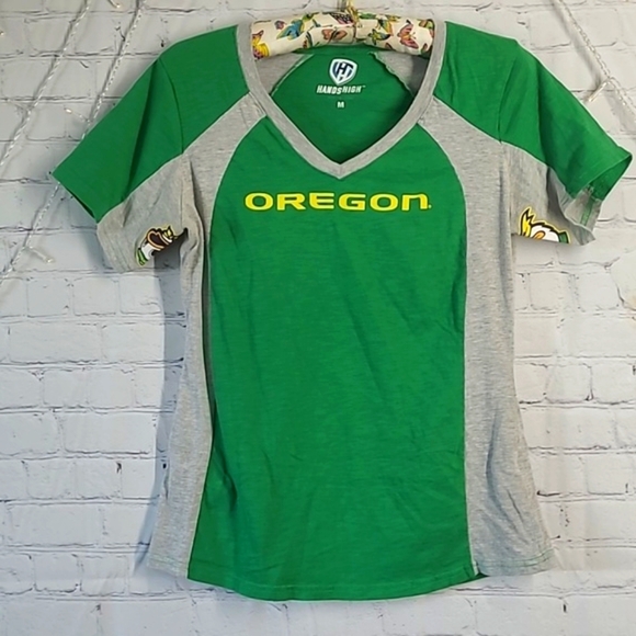 Oregon Ducks UO University Green Gray Yellow V-Neck Tee Tshirt Womens Sz Medium - Picture 7 of 14